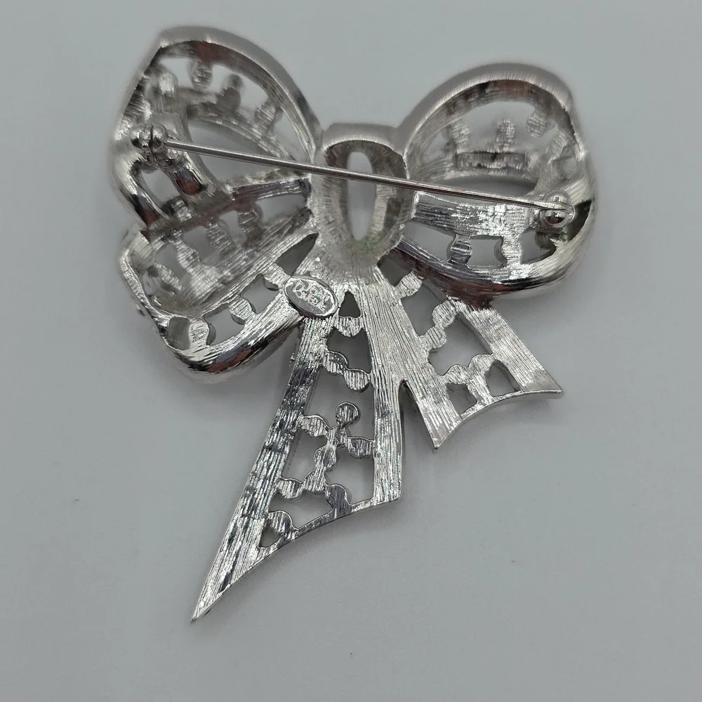 Joan Rivers Crystal and Silver Bow Brooch